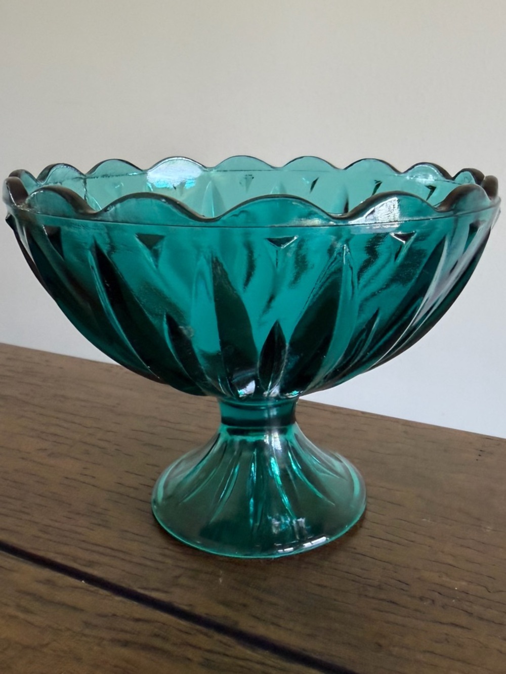 Vintage MCM Teal Glass Pedestal Dish 60's 70's Perfect Planter Clear Colored
